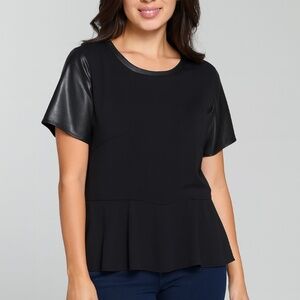 LOFT Black Faux‎ Leather Sleeve Peplum Hem Top Size S
